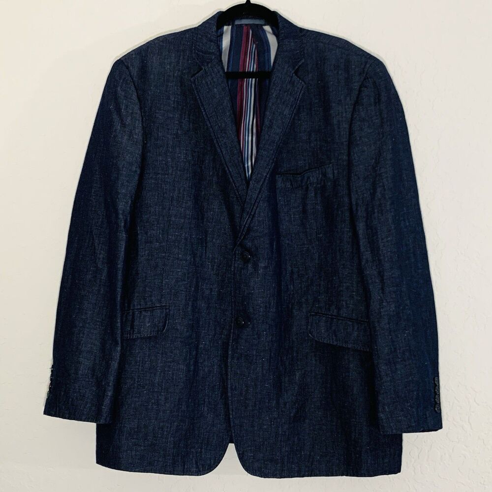 Madison Sport Coat Blazer Jacket Men 46L Navy Blue‎ Linen Cotton Wedding Beach
